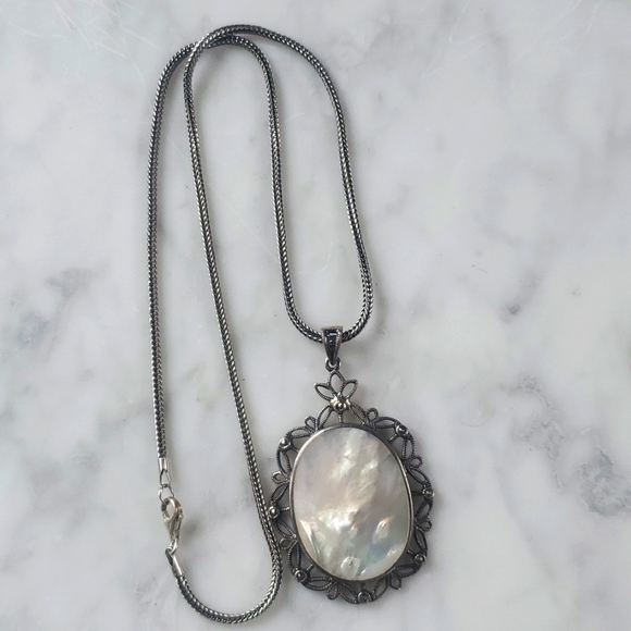 Sterling Silver Mother of Pearl and Marcasite Necklace - Picture 3 of 7